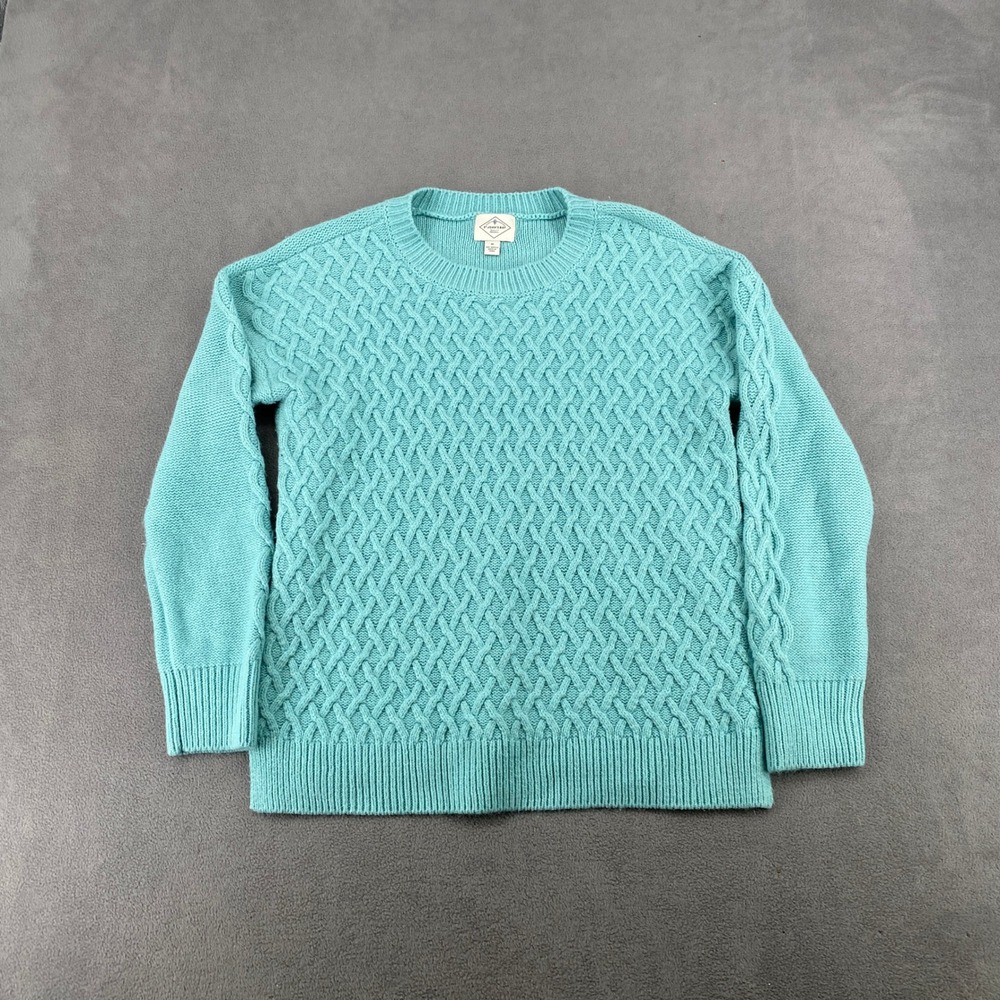 St Johns Bay Womens Turquoise Cable Knit Sweater Aqua Blue Crew Neck M 7137